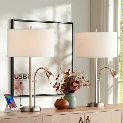 Possini Euro Design Traverse Modern Table Lamps Set Of 2 29 1/2" Tall Brushed Nickel With USB Charging Port LED Gooseneck White Drum Shade For Desk 1 Possini Euro Design Traverse Modern Table Lamps Set Of 2 29 1/2" Tall Brushed Nickel With USB Charging Port LED Gooseneck White Drum Shade For Desk