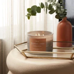 14oz Lidded Gray Glass Jar Crackling Wooden 3-Wick Candle With Paper Label Red Mango + Amber - Threshold™