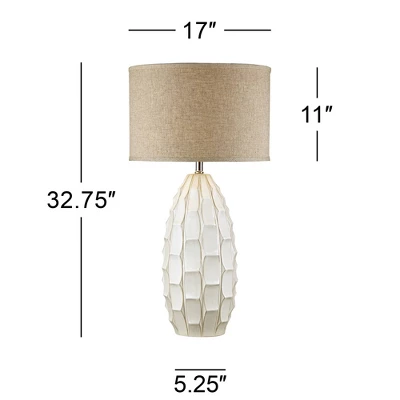 Possini Euro Design Cosgrove Modern Mid Century Table Lamp 32 3/4" Tall White Glazed Ceramic Beige Fabric Drum Shade For Bedroom Living Room Bedside 5 Possini Euro Design Cosgrove Modern Mid Century Table Lamp 32 3/4" Tall White Glazed Ceramic Beige Fabric Drum Shade For Bedroom Living Room Bedside - Image 5