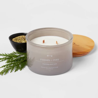 14oz Lidded Gray Glass Jar Crackling Wooden 3-Wick Candle With Clear Label Femmel + Pine - Threshold™ 2 14oz Lidded Gray Glass Jar Crackling Wooden 3-Wick Candle With Clear Label Femmel + Pine - Threshold™ - Image 2