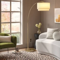 Knurled Metal Arc Floor Lamp With Tiered Shade Brass - Threshold™