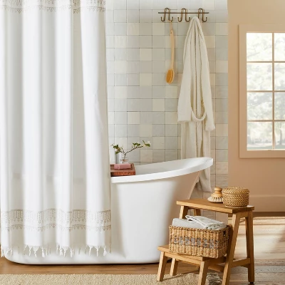Embroidered Border Stripe Woven Shower Curtain Taupe - Hearth & Hand™ With Magnolia 2 Embroidered Border Stripe Woven Shower Curtain Taupe - Hearth & Hand™ With Magnolia - Image 2