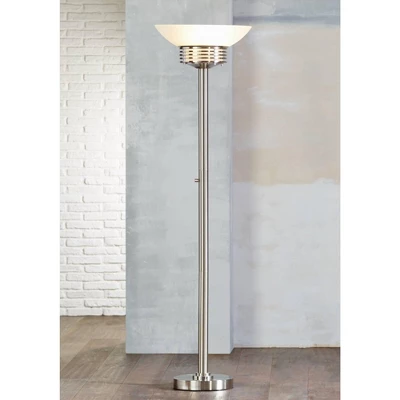 Possini Euro Design Light Blaster Art Deco Torchiere Floor Lamp 72 1/2" Tall Brushed Nickel LED Frosted Glass Bowl Shade For Living Room Bedroom House 1 Possini Euro Design Light Blaster Art Deco Torchiere Floor Lamp 72 1/2" Tall Brushed Nickel LED Frosted Glass Bowl Shade For Living Room Bedroom House