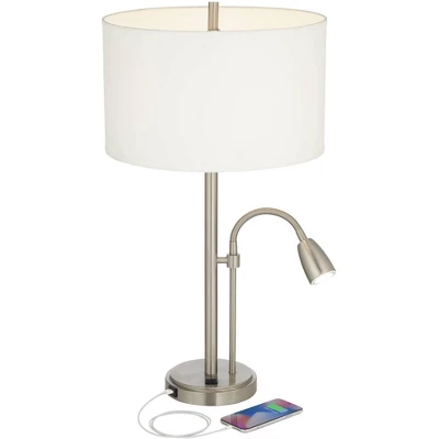 Possini Euro Design Traverse Modern Table Lamps Set Of 2 29 1/2" Tall Brushed Nickel With USB Charging Port LED Gooseneck White Drum Shade For Desk 2 Possini Euro Design Traverse Modern Table Lamps Set Of 2 29 1/2" Tall Brushed Nickel With USB Charging Port LED Gooseneck White Drum Shade For Desk - Image 2